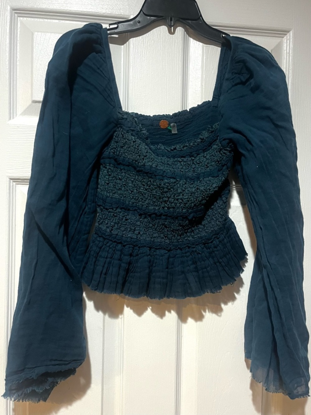 Free People Teal Smocked Peplum Long-Sleeve Blouse